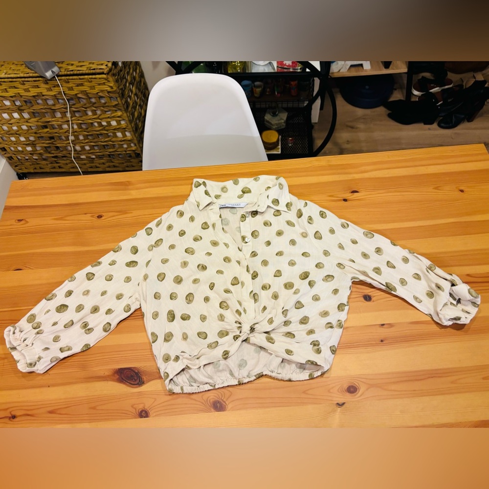Zara Cream and Green Button Down Shirt Casual Style